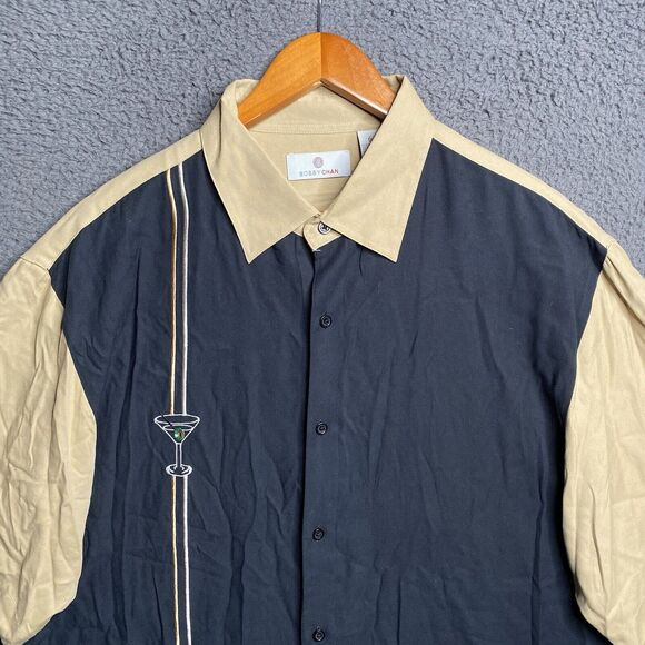 Men's BOBBY CHAN Tan Silk Short Sleeve Shirt Size XL Embroidered Martini Graphic - Picture 1 of 16